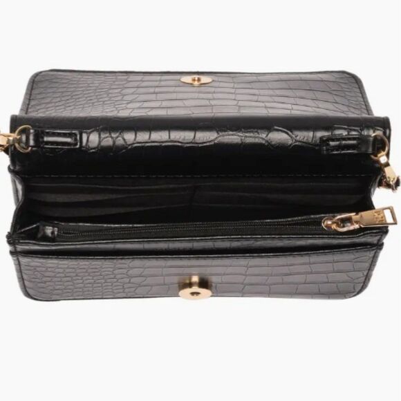 NWT BADGLEY MISCHKA BLACK VEGAN LEATHER CROC EMBOSSED CROSSBODY W/LOGO PLATE $99 - Picture 9 of 11